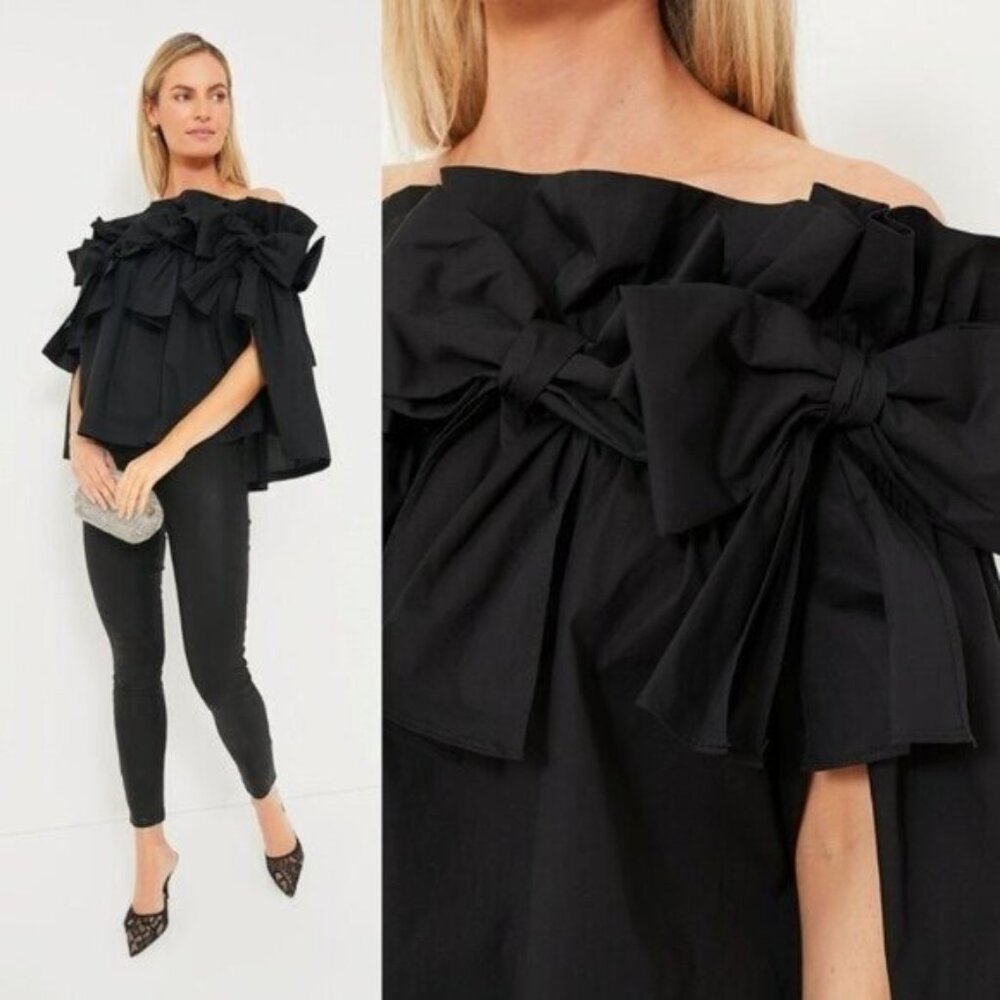 Tuckernuck Linden Off Shoulder Bow Blouse Black Chic Top XS NWT